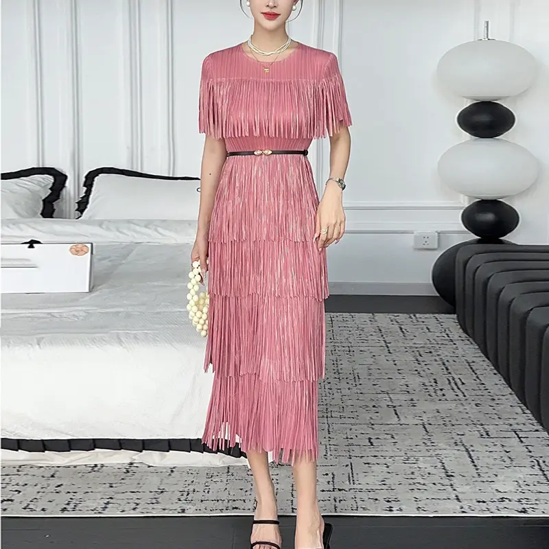 LANMREM Pleated Tassel Patchwork Deisn Summer Dress For Women 2025 New Round Collar Short Sleeve Slim Fit Dresses Chic 2DB2847