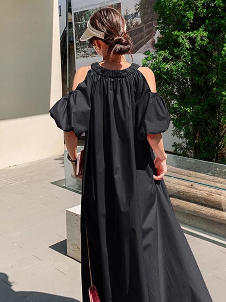 LANMREM Casual Loose Women's Dress Hollow Out Sleeves Design Solid Color A-line Long Dresses Fashion 2024 New Clothing 2AA5170