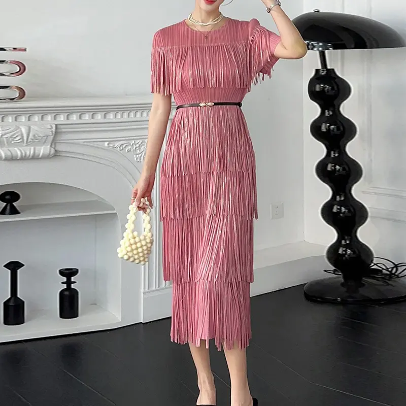 LANMREM Pleated Tassel Patchwork Deisn Summer Dress For Women 2025 New Round Collar Short Sleeve Slim Fit Dresses Chic 2DB2847