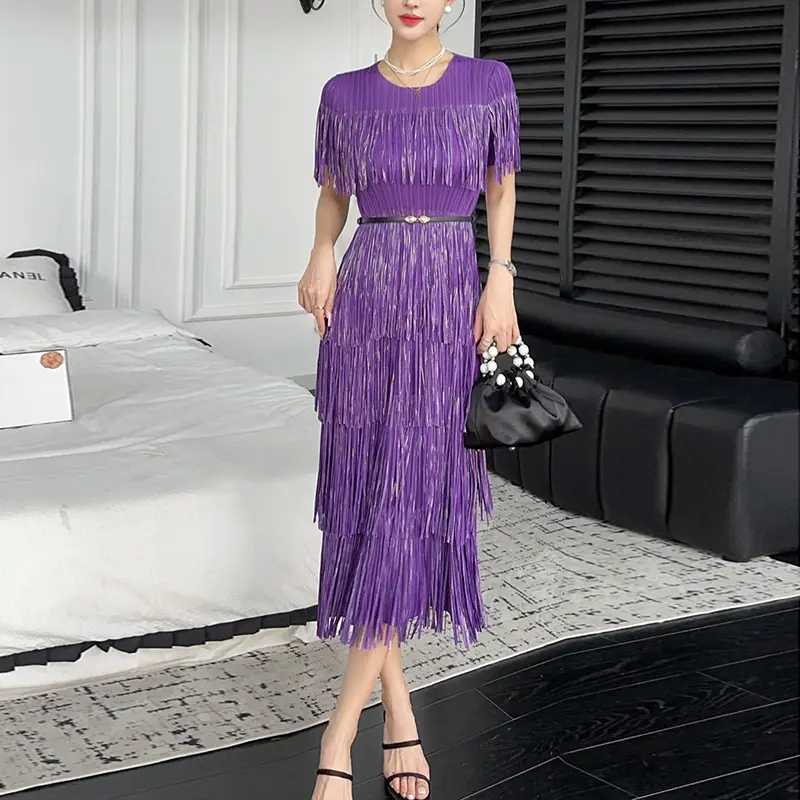 LANMREM Pleated Tassel Patchwork Deisn Summer Dress For Women 2025 New Round Collar Short Sleeve Slim Fit Dresses Chic 2DB2847