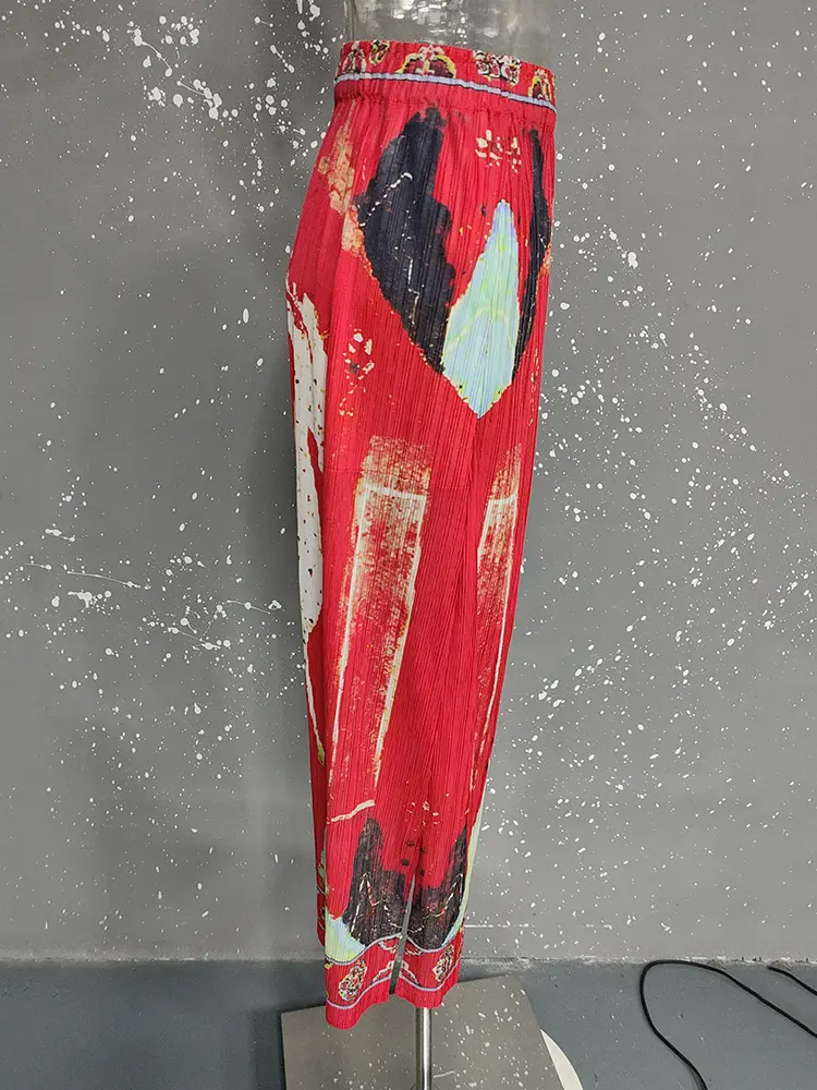 LANMREM Pleated Red Printed A-line Skirt For Women Summer 2025 New Simple Elastic Waist Versatile Slimming Skirts Chic 2DB3166