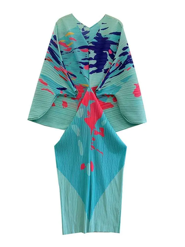 LANMREM V-neck Bat Sleeve Maxi Pleated Dress 2025 Summer New Women's Elegant Retro Style Print Festival Dresses Clothing 2DA1267