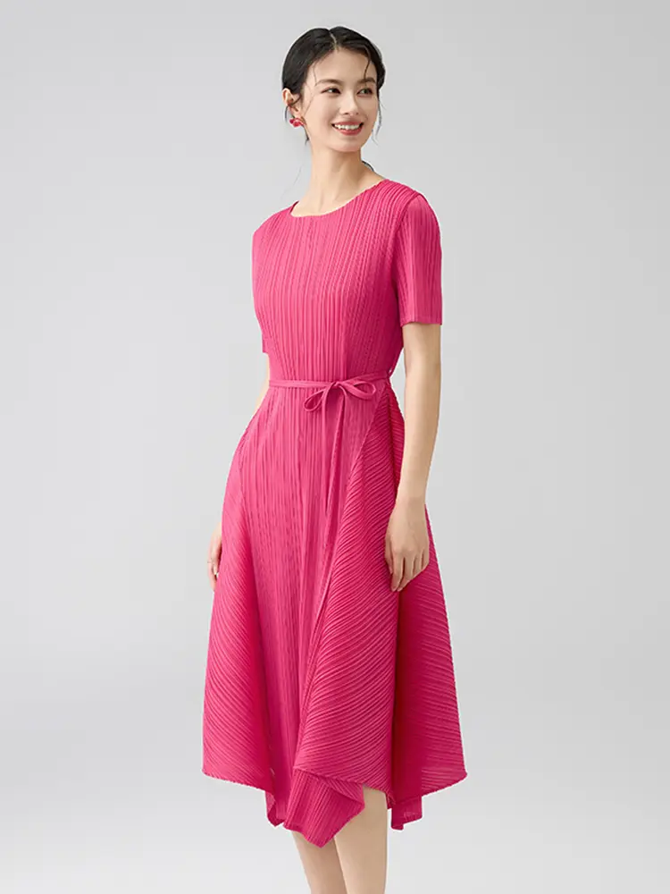 LANMREM Summer Pleated Dress Women 2025 New Tie High Waist ‌Trumpet Hem Dresses O-neck Short Sleeve Rose Pink Clothing 2DB2855