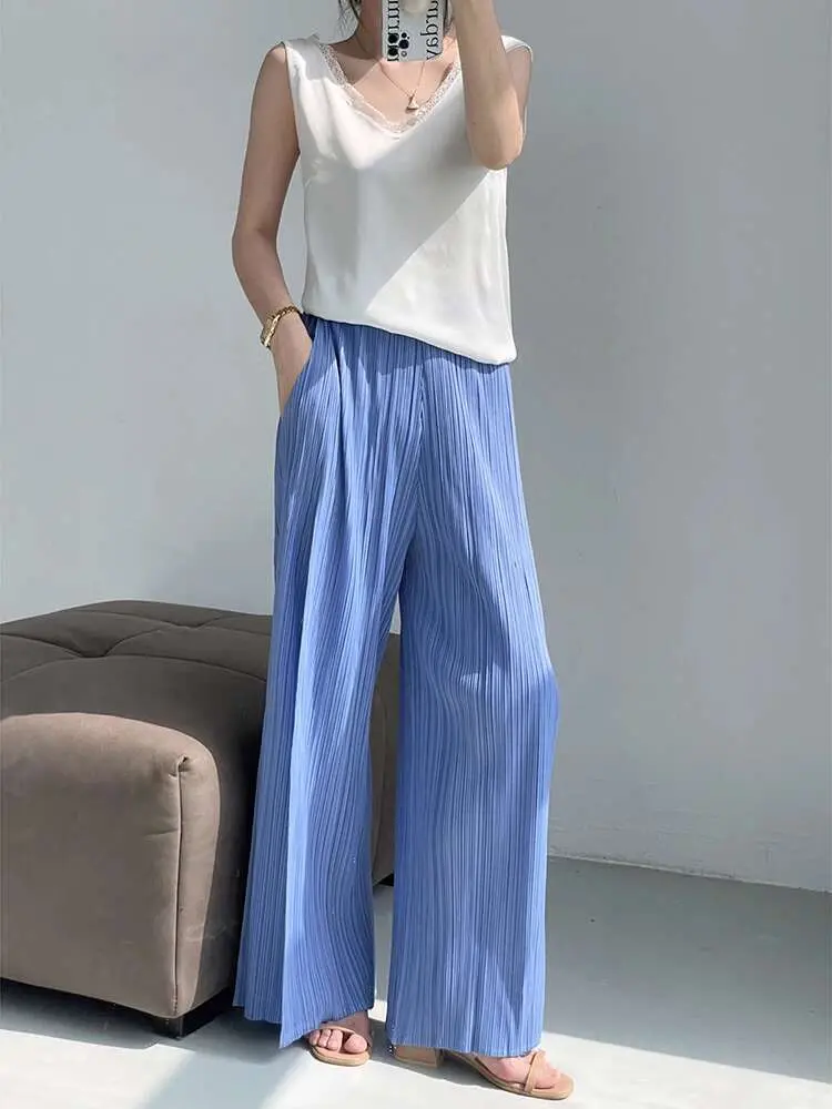 LANMREM Pleated 2025 Summer New Fashion Tide Versatile Trousers Women's Wide Leg Straight Casual Loose Solid Color Pants 2DE361