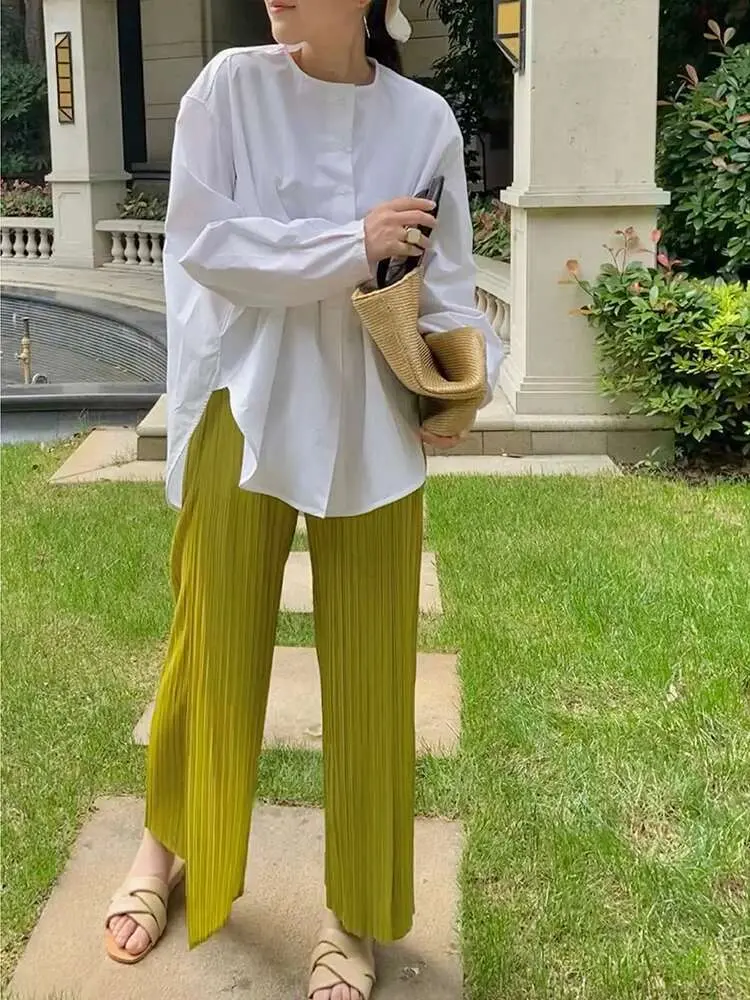 LANMREM Pleated 2025 Summer New Fashion Tide Versatile Trousers Women's Wide Leg Straight Casual Loose Solid Color Pants 2DE361