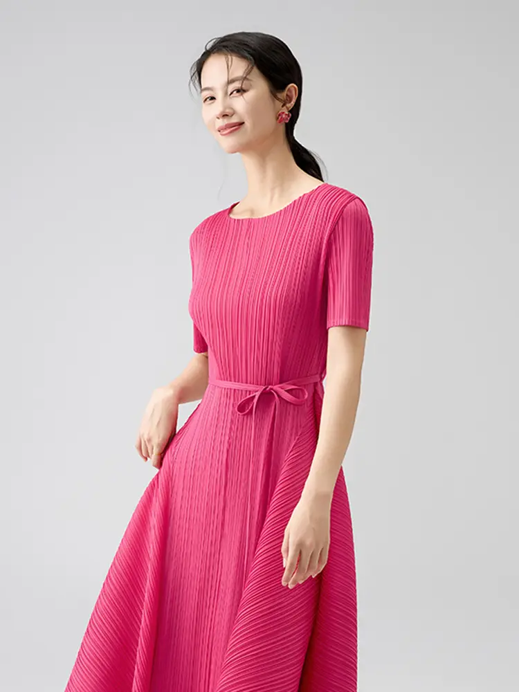 LANMREM Summer Pleated Dress Women 2025 New Tie High Waist ‌Trumpet Hem Dresses O-neck Short Sleeve Rose Pink Clothing 2DB2855
