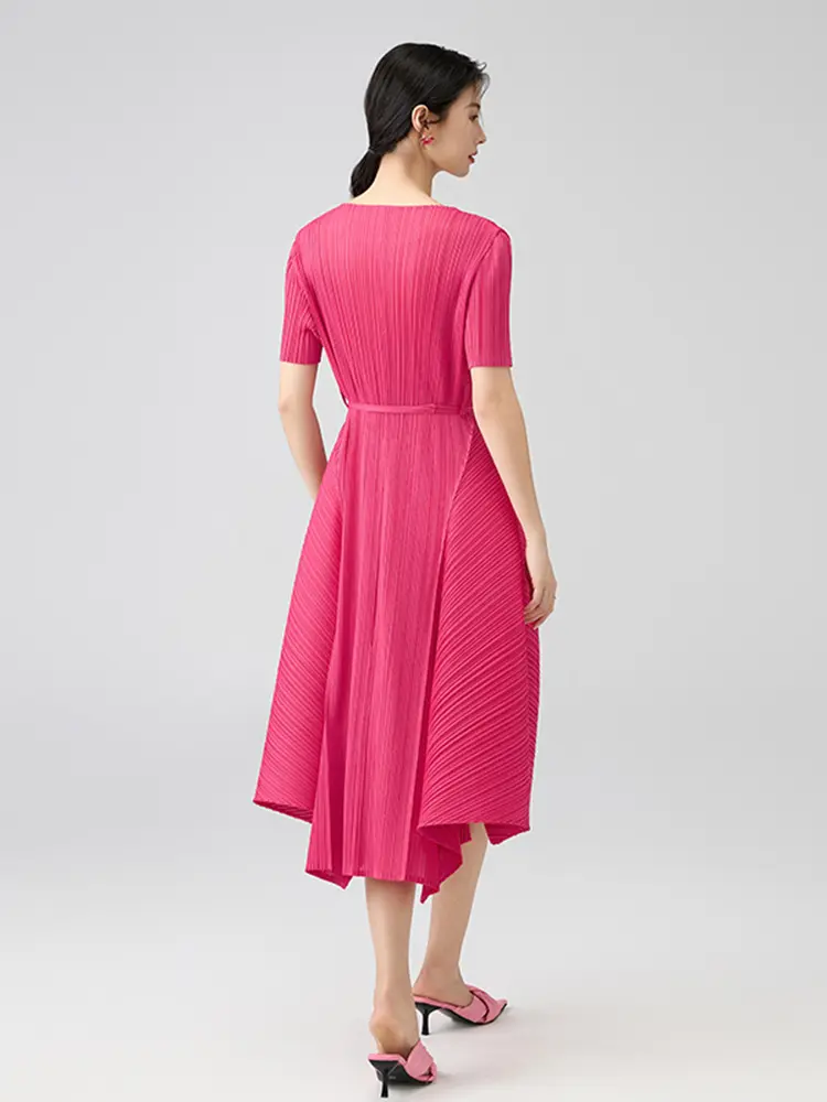 LANMREM Summer Pleated Dress Women 2025 New Tie High Waist ‌Trumpet Hem Dresses O-neck Short Sleeve Rose Pink Clothing 2DB2855