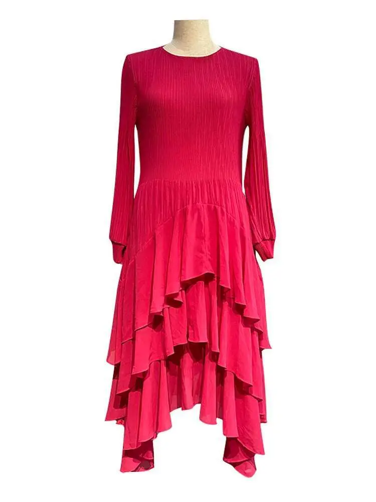 LANMREM Irregular Spliced Pleated Dress Women Fashion Round Neck Long Sleeves Solid Color Dresses Elegant 2025 Spring 2DA4617