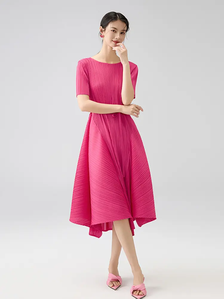 LANMREM Summer Pleated Dress Women 2025 New Tie High Waist ‌Trumpet Hem Dresses O-neck Short Sleeve Rose Pink Clothing 2DB2855
