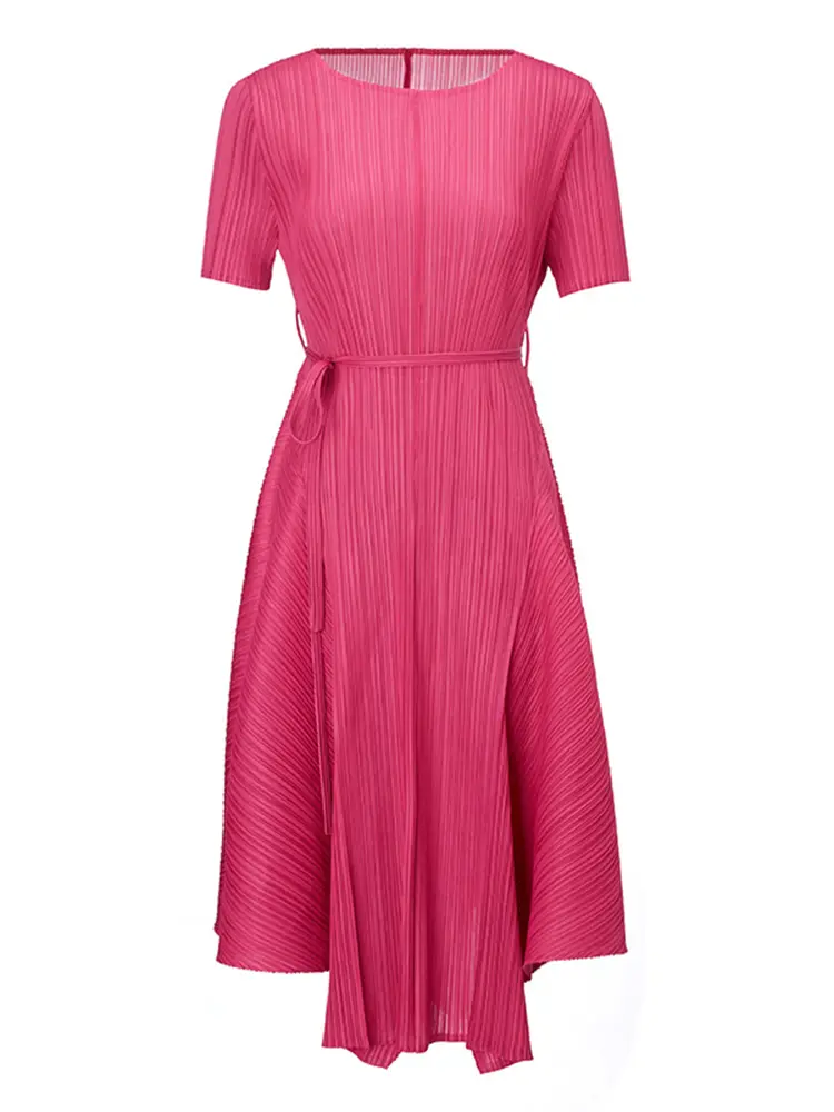 LANMREM Summer Pleated Dress Women 2025 New Tie High Waist ‌Trumpet Hem Dresses O-neck Short Sleeve Rose Pink Clothing 2DB2855