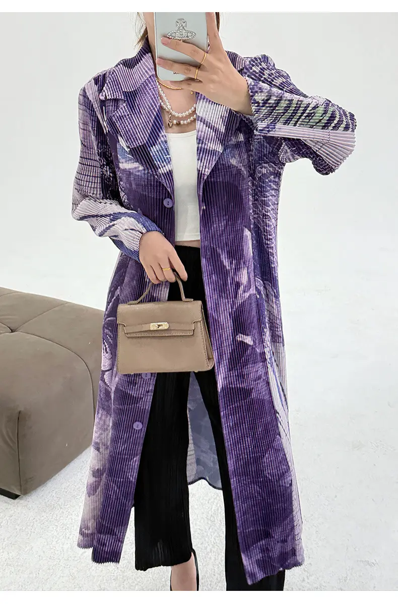 LANMREM Print Design Slim Pleated Trench Coat Women's Suit Lapel Single Breasted Long Coat Female Fashion 2025 Spring New 2DE368