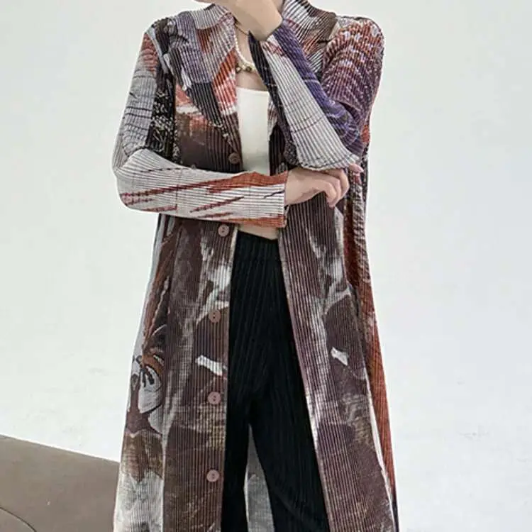 LANMREM Print Design Slim Pleated Trench Coat Women's Suit Lapel Single Breasted Long Coat Female Fashion 2025 Spring New 2DE368