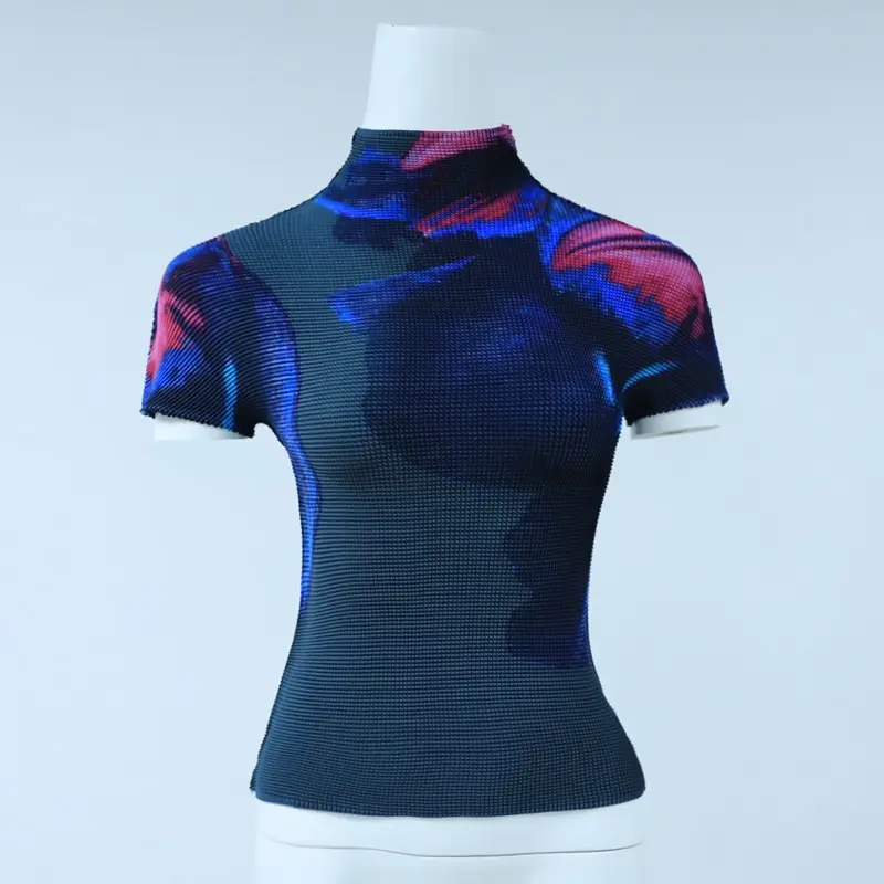 LANMREM Japanese Style Pleated Clothes For Women 2025 Summer New Half High Collar Short Sleeve Stretch Fabric T-shirt Tee YJ779