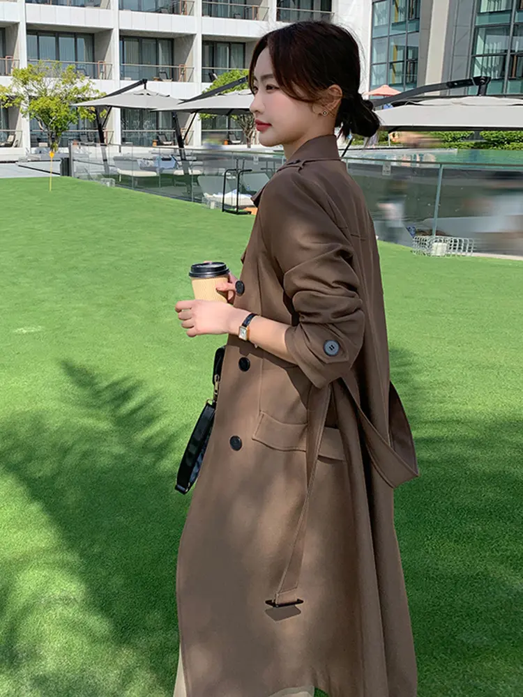 LANMREM Khaki Trench Coat For Women Lapel Double Breasted Long Sleeves Belt Coat Female Fashion Streetwear Clothing 2DA4188
