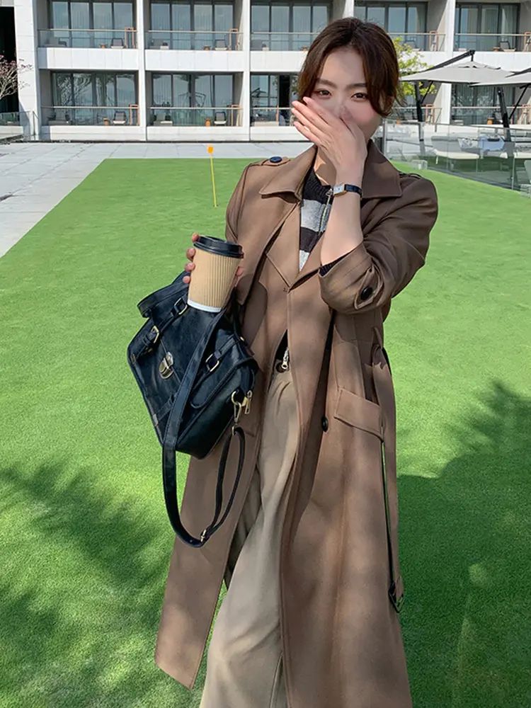 LANMREM Khaki Trench Coat For Women Lapel Double Breasted Long Sleeves Belt Coat Female Fashion Streetwear Clothing 2DA4188