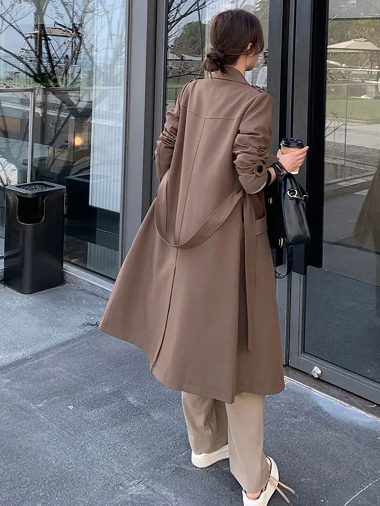 LANMREM Khaki Trench Coat For Women Lapel Double Breasted Long Sleeves Belt Coat Female Fashion Streetwear Clothing 2DA4188