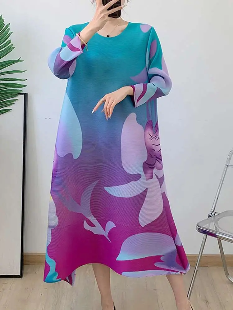 LANMREM Printing Dress For Women Round Neck Color Block Loose Chic Pleated Dresses Female Casual Clothing 2025 New 2DB2438