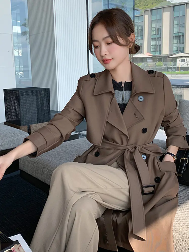 LANMREM Khaki Trench Coat For Women Lapel Double Breasted Long Sleeves Belt Coat Female Fashion Streetwear Clothing 2DA4188
