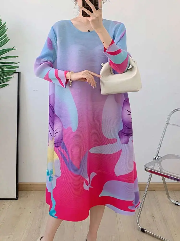 LANMREM Printing Dress For Women Round Neck Color Block Loose Chic Pleated Dresses Female Casual Clothing 2025 New 2DB2438