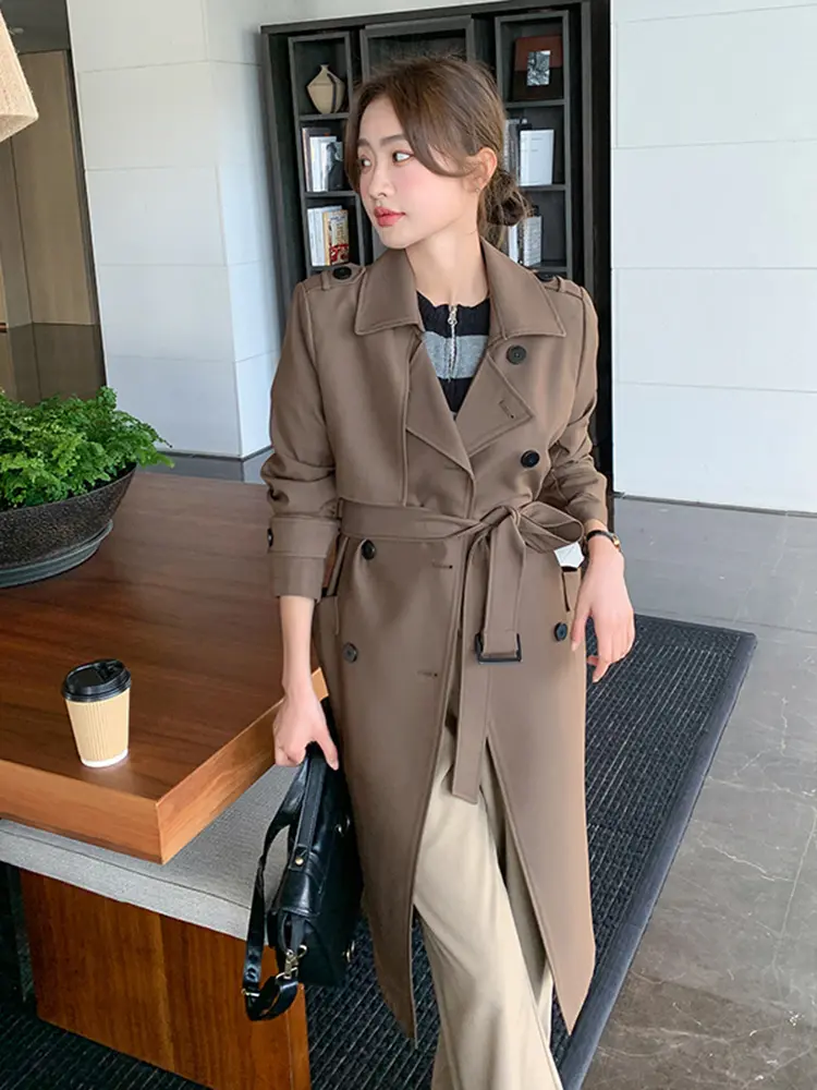 LANMREM Khaki Trench Coat For Women Lapel Double Breasted Long Sleeves Belt Coat Female Fashion Streetwear Clothing 2DA4188