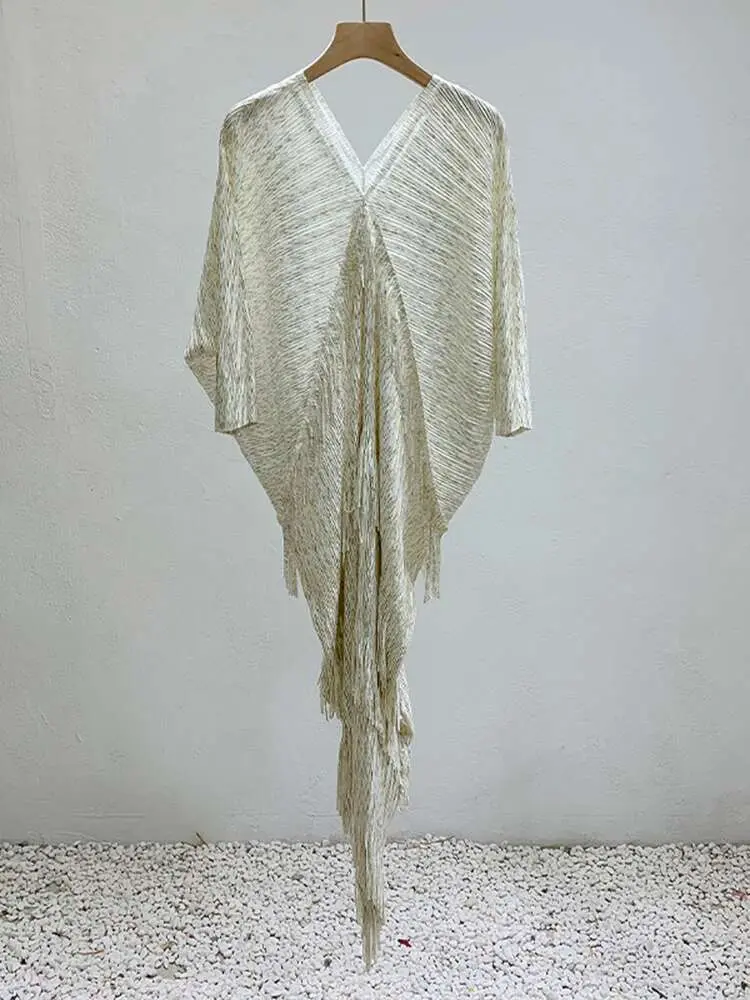 LANMREM Tassel Pleated Dress For Women V Neck Batwing Sleeves Solid Color Dresses Elegant Party 2025 Summer New Clothing 2AA1371