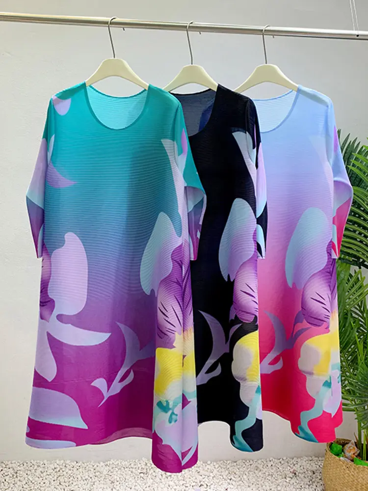 LANMREM Printing Dress For Women Round Neck Color Block Loose Chic Pleated Dresses Female Casual Clothing 2025 New 2DB2438