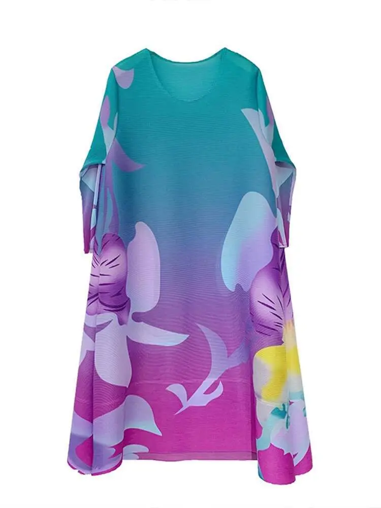 LANMREM Printing Dress For Women Round Neck Color Block Loose Chic Pleated Dresses Female Casual Clothing 2025 New 2DB2438