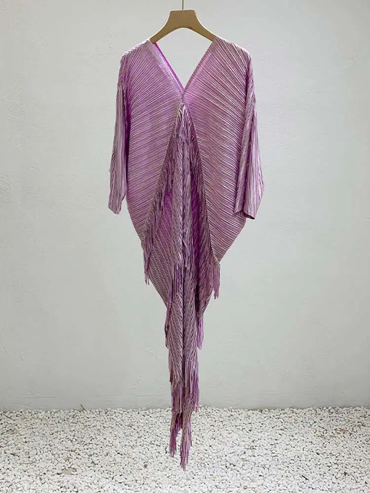 LANMREM Tassel Pleated Dress For Women V Neck Batwing Sleeves Solid Color Dresses Elegant Party 2025 Summer New Clothing 2AA1371