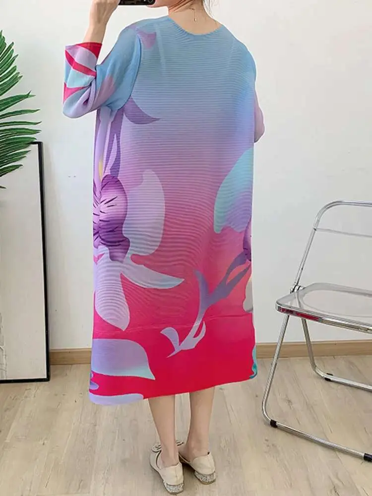 LANMREM Printing Dress For Women Round Neck Color Block Loose Chic Pleated Dresses Female Casual Clothing 2025 New 2DB2438