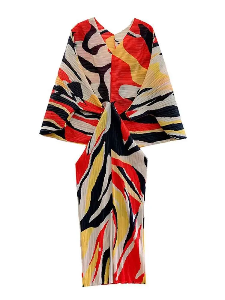 LANMREM Pleated Dress For Women Designer Printed V-neck Batwing Sleeves Slim Striped Dresses Female Clothing 2023 New 2YA2238