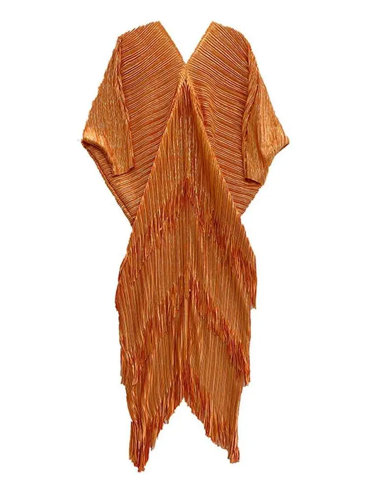 LANMREM Pleated Tassel Dress Women's V-Neck Batwing Sleeves Elegant Clothing Ladies Luxury 2023 Summer Autumn New 2DA1518