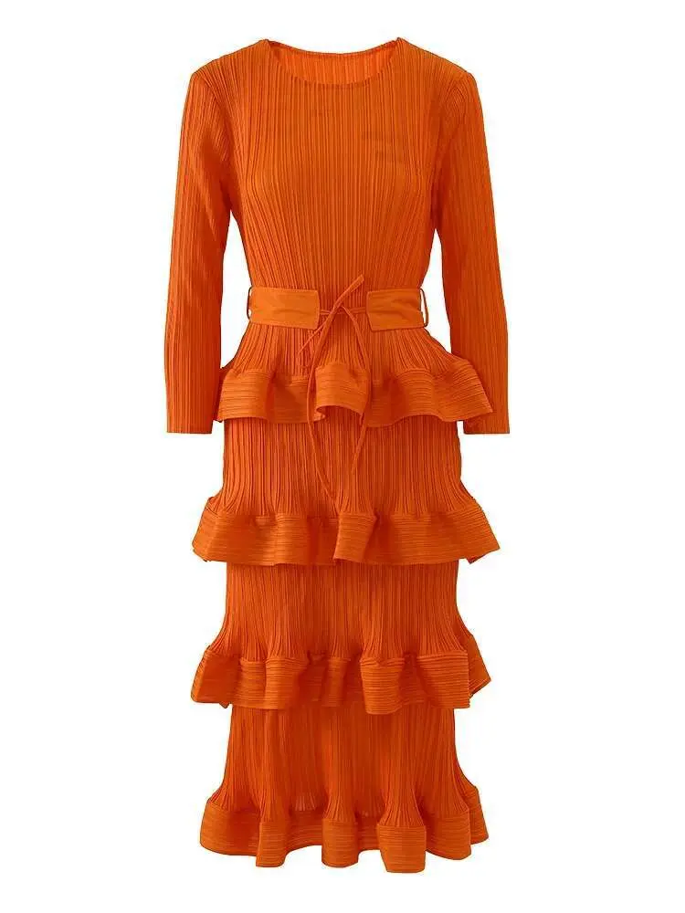 LANMREM Ruffles Pleated Party Dress Women Long Sleeves Belt Gathered Waist Slim Solid Dresses Elegant 2024 Spring New 2R6863