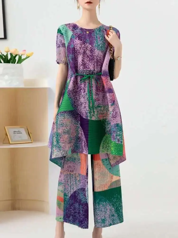 LANMREM Pleated Print Fashion Set Female 2024 Summer New Long Loose Drawstring Top Wide-leg Pants Two Piece Sets Clothes 2R4598