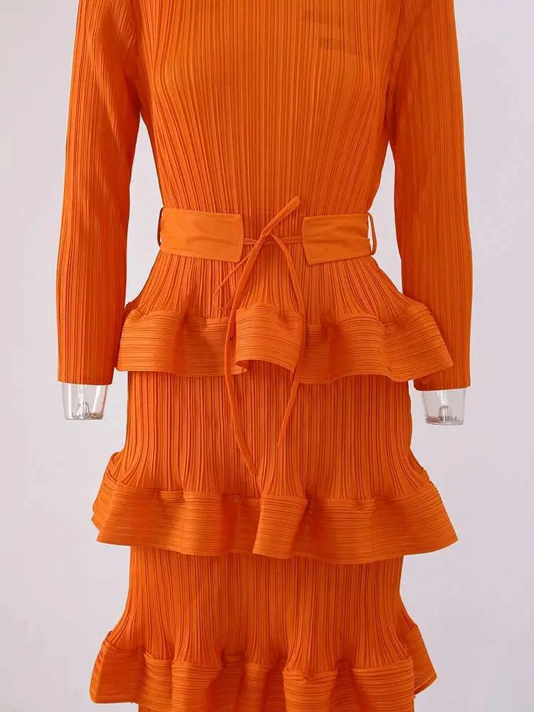 LANMREM Ruffles Pleated Party Dress Women Long Sleeves Belt Gathered Waist Slim Solid Dresses Elegant 2024 Spring New 2R6863