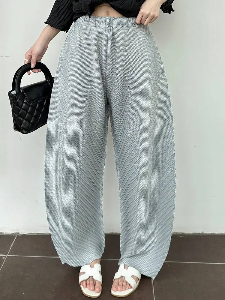 LANMREM Niche Design Women's Pleated Pants 2025 New Summer Fashion Loose Wide Leg Trousers Elastic Waist Dark Grey Pants 2DB2730