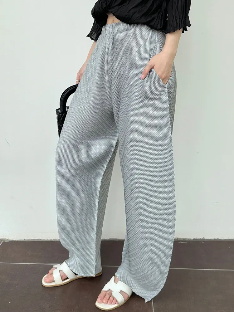 LANMREM Niche Design Women's Pleated Pants 2025 New Summer Fashion Loose Wide Leg Trousers Elastic Waist Dark Grey Pants 2DB2730