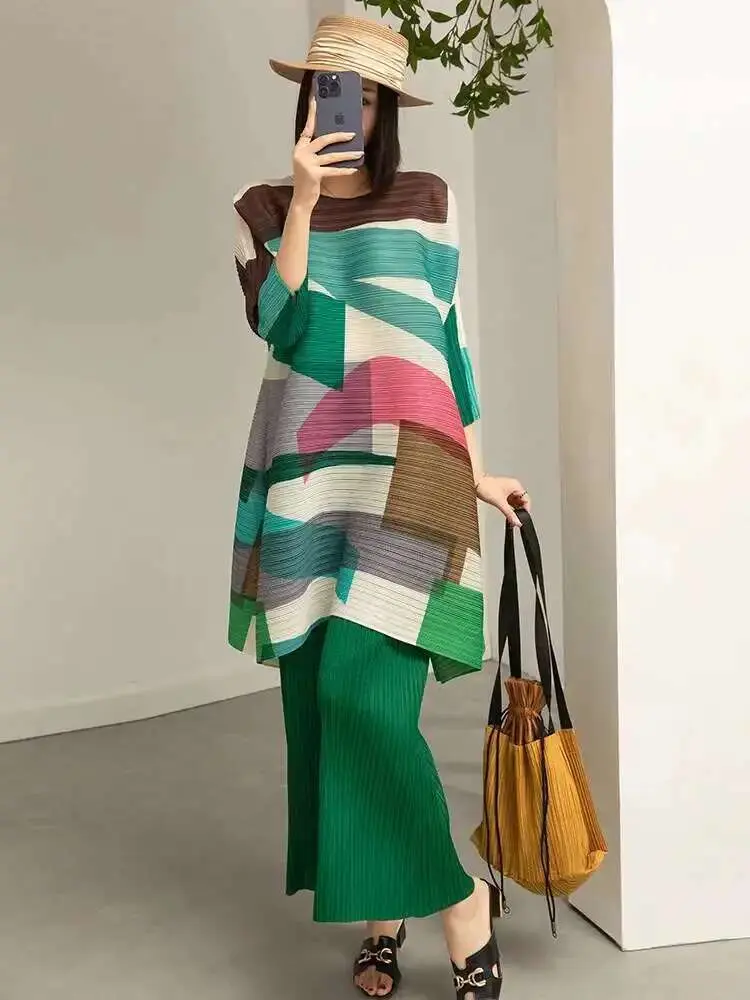 LANMREM 2 Pieces Sets For Women Loose Long Color Block Shirt With Wide Leg Pants Female Fashion Clothing 2025 Spring 2DA3115