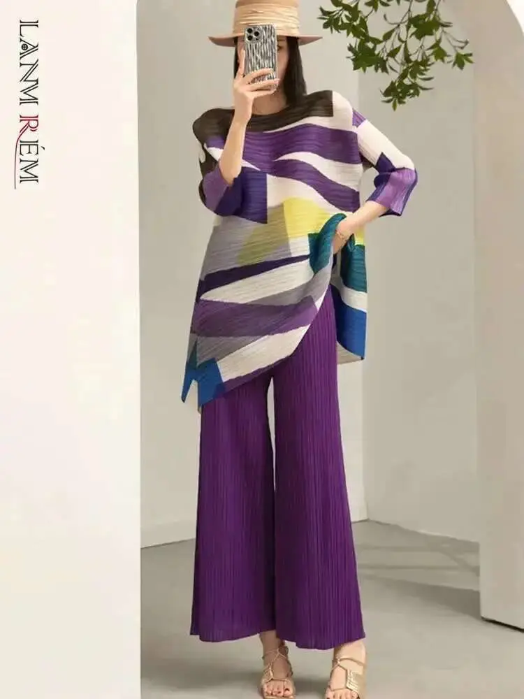 LANMREM 2 Pieces Sets For Women Loose Long Color Block Shirt With Wide Leg Pants Female Fashion Clothing 2025 Spring 2DA3115