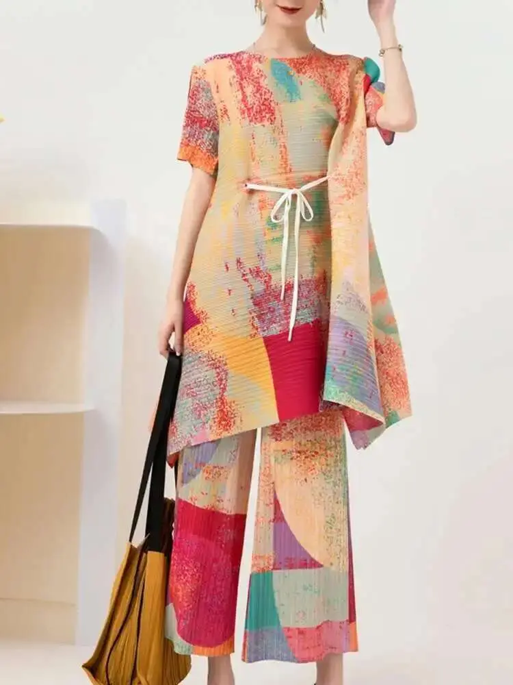 LANMREM Pleated Print Fashion Set Female 2024 Summer New Long Loose Drawstring Top Wide-leg Pants Two Piece Sets Clothes 2R4598