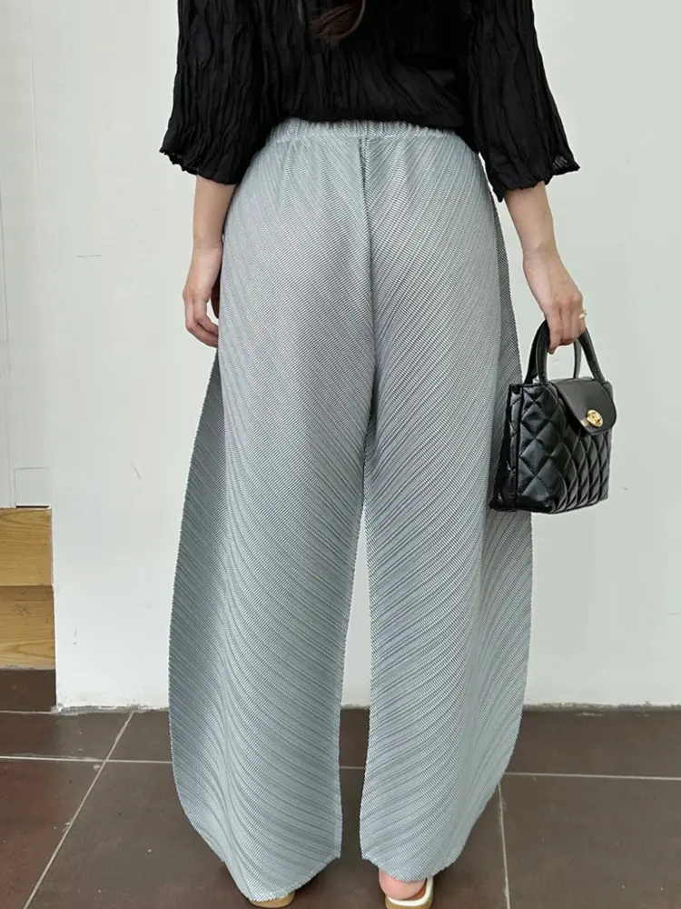 LANMREM Niche Design Women's Pleated Pants 2025 New Summer Fashion Loose Wide Leg Trousers Elastic Waist Dark Grey Pants 2DB2730