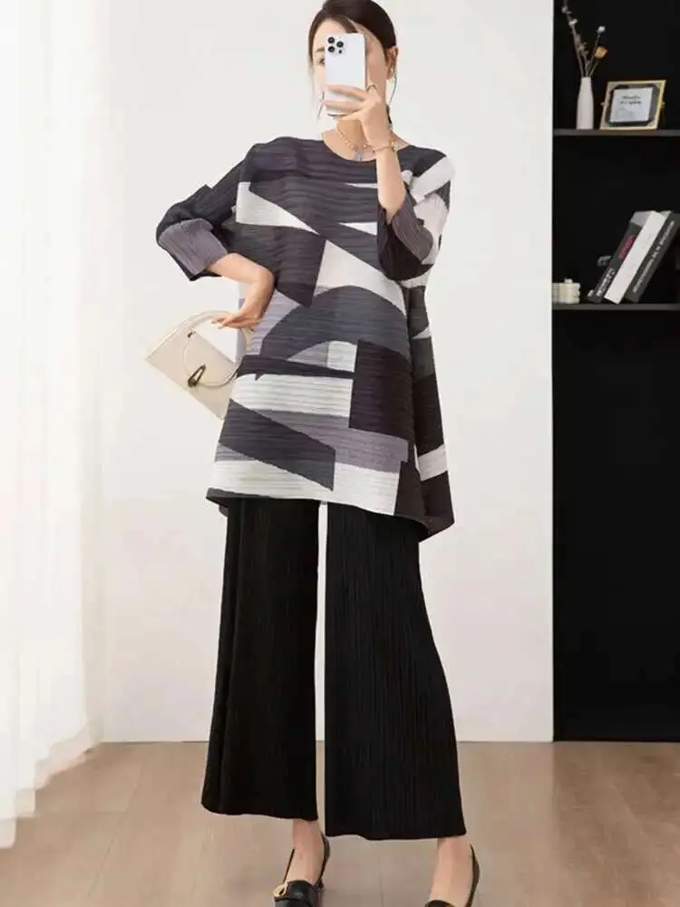 LANMREM 2 Pieces Sets For Women Loose Long Color Block Shirt With Wide Leg Pants Female Fashion Clothing 2025 Spring 2DA3115
