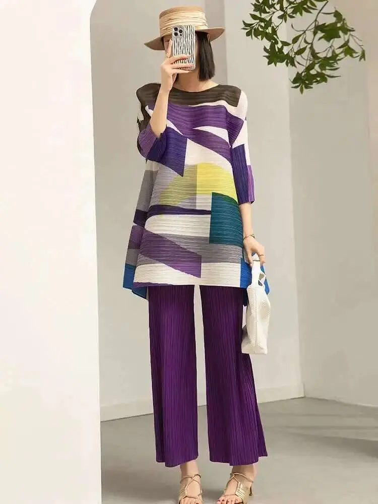LANMREM 2 Pieces Sets For Women Loose Long Color Block Shirt With Wide Leg Pants Female Fashion Clothing 2025 Spring 2DA3115