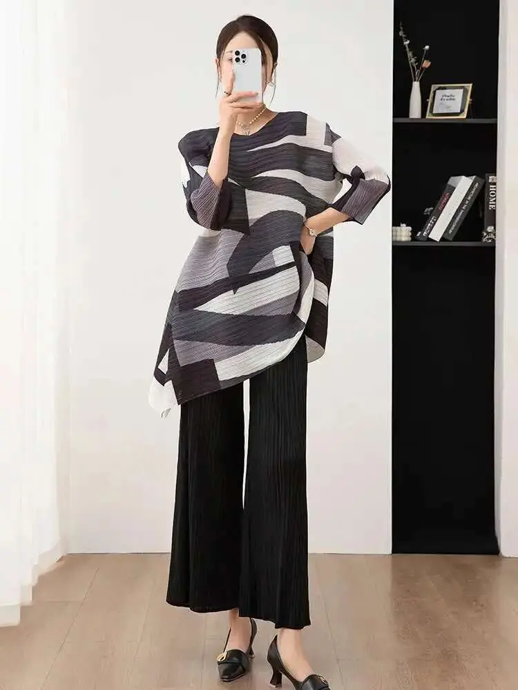 LANMREM 2 Pieces Sets For Women Loose Long Color Block Shirt With Wide Leg Pants Female Fashion Clothing 2025 Spring 2DA3115