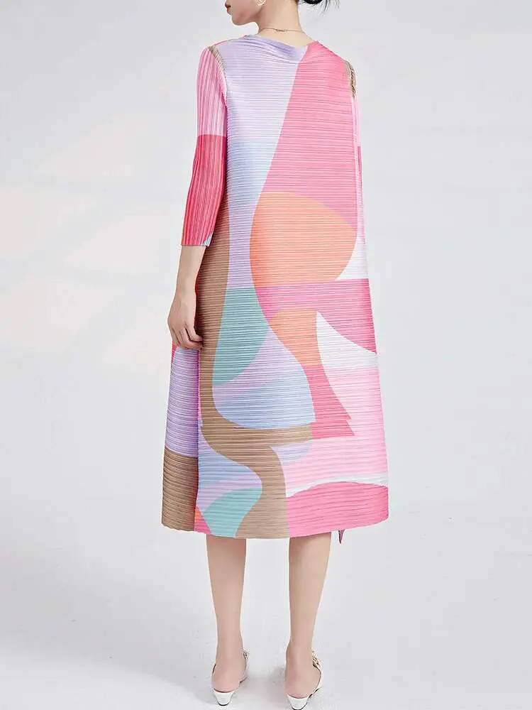 LANMREM Elegant Pleated Dress With Belt Women's Fashion Printed Long Sleeves Printed A-line Dresses Female Clothing 2023 2YA3027