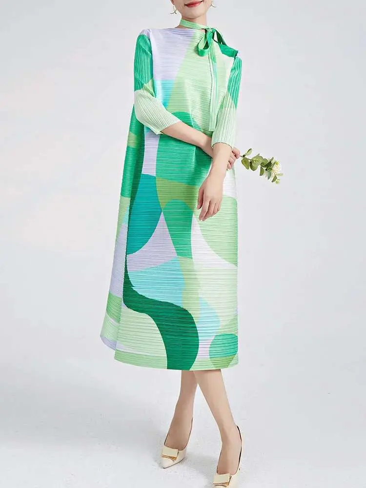 LANMREM Elegant Pleated Dress With Belt Women's Fashion Printed Long Sleeves Printed A-line Dresses Female Clothing 2023 2YA3027