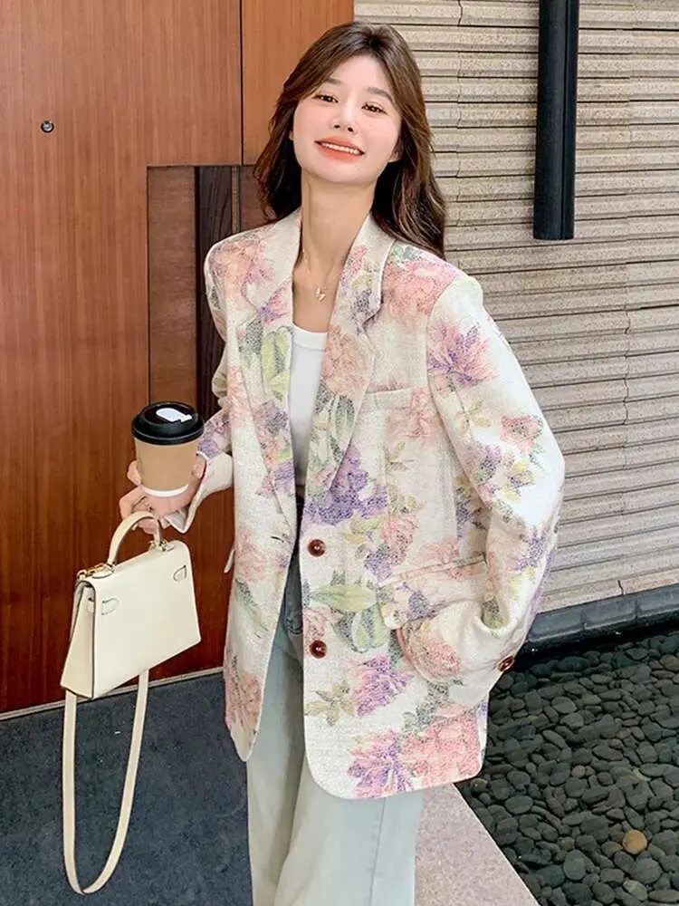 LANMREM Retro Elegant Floral Pattern Women's Blazer Lapel Single Breasted Long Sleeve Suit Jacket Spring 2025 Loose Coat  2DE139