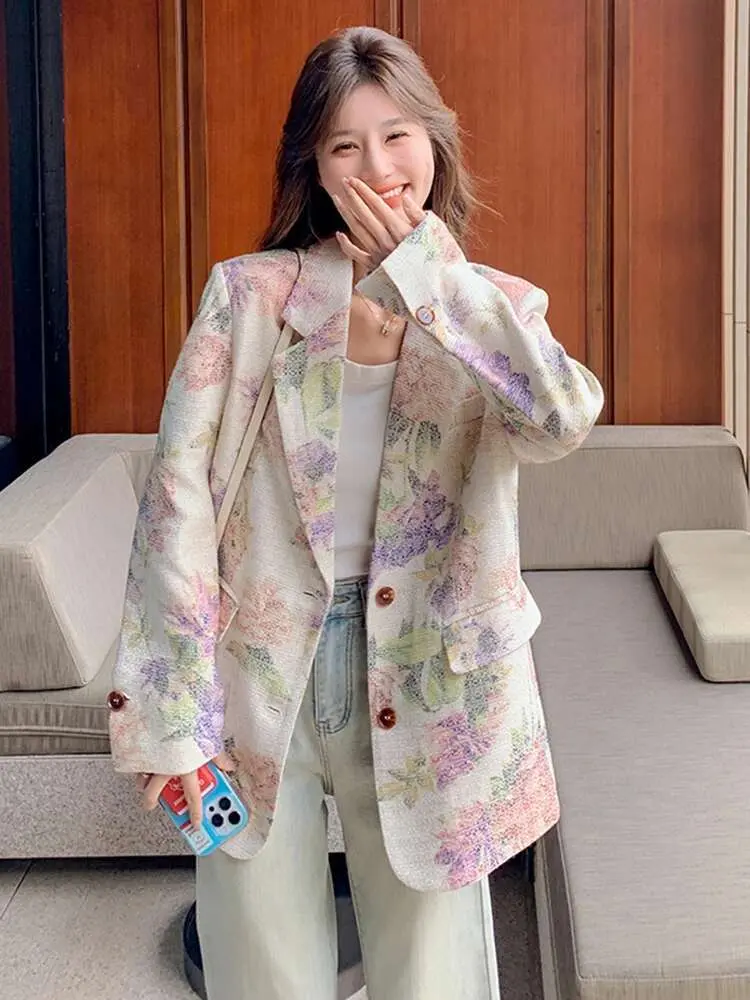 LANMREM Retro Elegant Floral Pattern Women's Blazer Lapel Single Breasted Long Sleeve Suit Jacket Spring 2025 Loose Coat  2DE139
