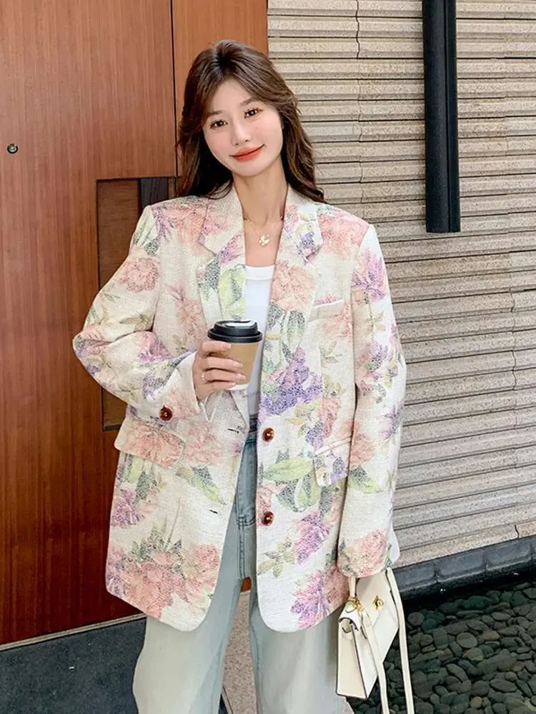 LANMREM Retro Elegant Floral Pattern Women's Blazer Lapel Single Breasted Long Sleeve Suit Jacket Spring 2025 Loose Coat  2DE139