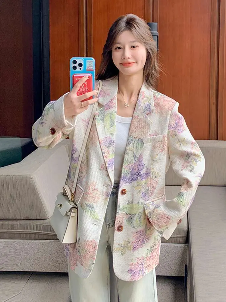 LANMREM Retro Elegant Floral Pattern Women's Blazer Lapel Single Breasted Long Sleeve Suit Jacket Spring 2025 Loose Coat  2DE139