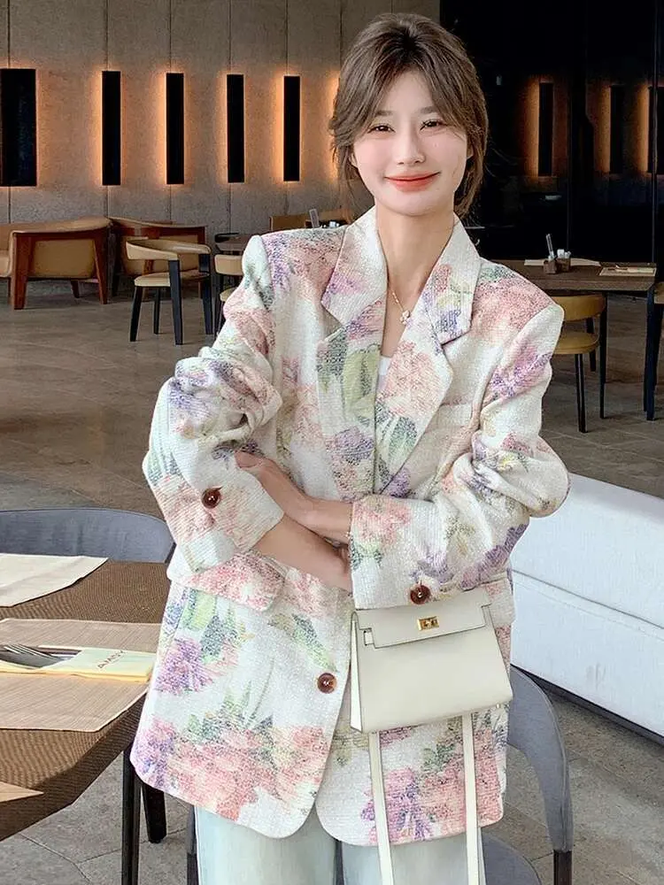 LANMREM Retro Elegant Floral Pattern Women's Blazer Lapel Single Breasted Long Sleeve Suit Jacket Spring 2025 Loose Coat  2DE139